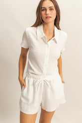 Textured Short Sleeve Top and Drawstring Shorts Knit Set HYFVE White S